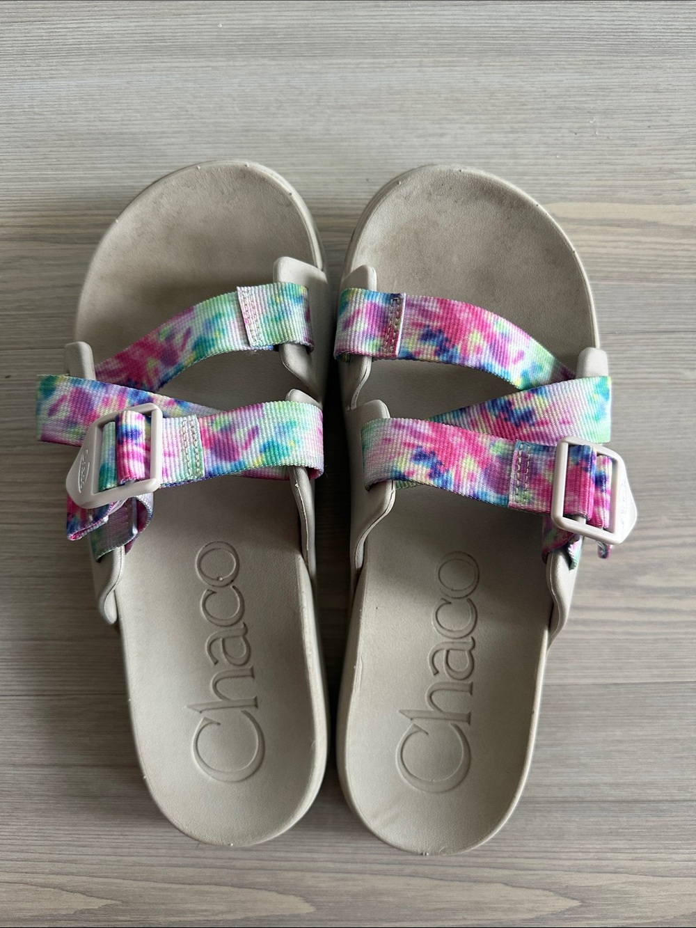 Chaco Neutral Footbed Sandals with Pink, Blue & Green Tie-Dye Straps